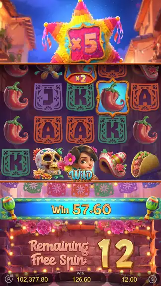 Pinata Wins session spin 360 - mid-session gameplay state at bet 12.00